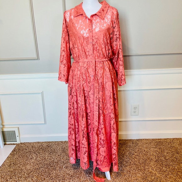 torrid Dresses & Skirts - Torrid dress 5 24 / 26 Maxi Lace Button Down Pink Mauve Tie Waist Collared